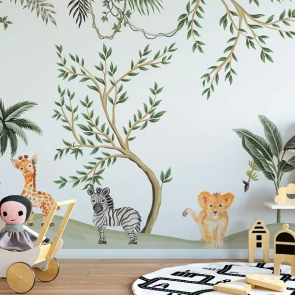 Papel De Parede Painel Infantil 3d Safari Animal Autocolante