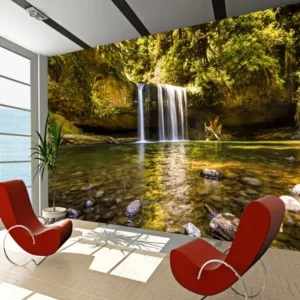 Papel De Parede Paisagem Natureza Cachoeira Auto Adesivo Floresta Lago Pedras 4x2m Personalizado Gg228