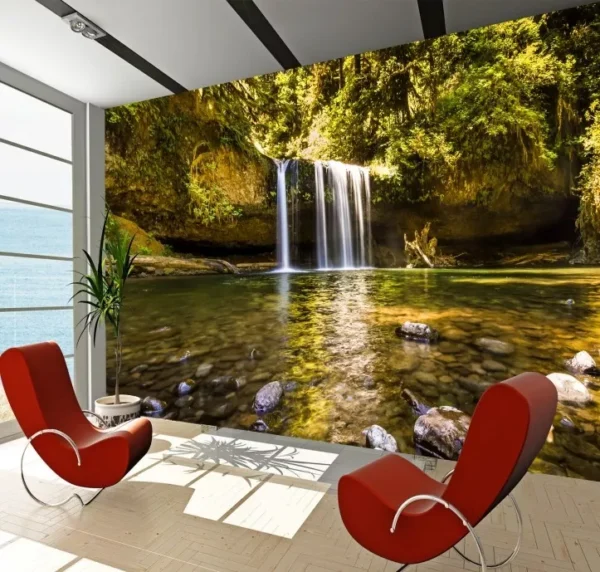 Papel De Parede Paisagem Natureza Cachoeira Auto Adesivo Floresta Lago Pedras 4x2m Personalizado Gg228