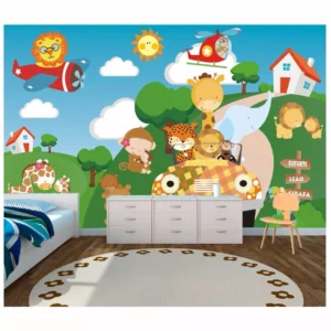 Papel De Parede Paisagem Natureza Infantil Auto Adesivo Zoo Safari Animais Girafa Aviões Jipe Céu 6m² M22