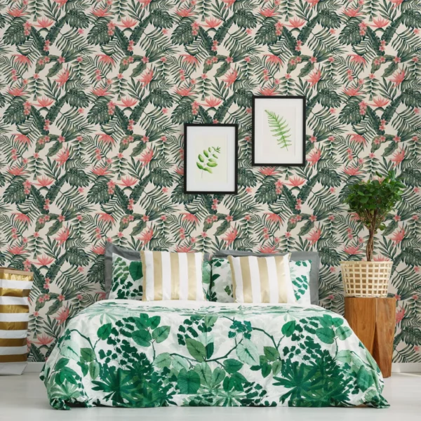 Papel De Parede Para Quarto Folhagem Tropical E Flores 57x27