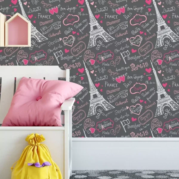 Papel De Parede Paris Fundo Preto E Desenhos Coloridos