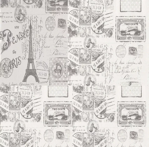 Papel De Parede Paris Selos Vintage Cinza Autoadesivo