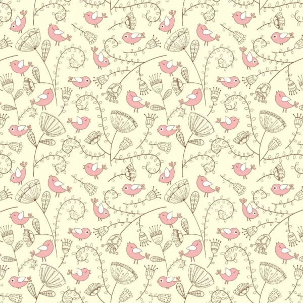 Papel De Parede Pássaro Floral Fundo Bege Delicado Lavável 3