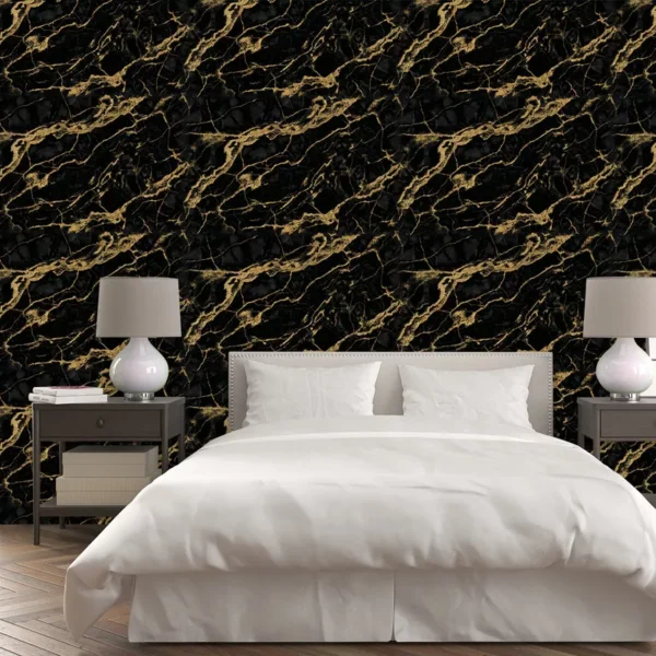 Papel De Parede Preto Dourado Marmore Autocolante Quarto