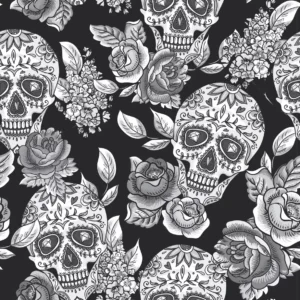 Papel De Parede Preto E Branco Caveira Mexicana Floral 10mts