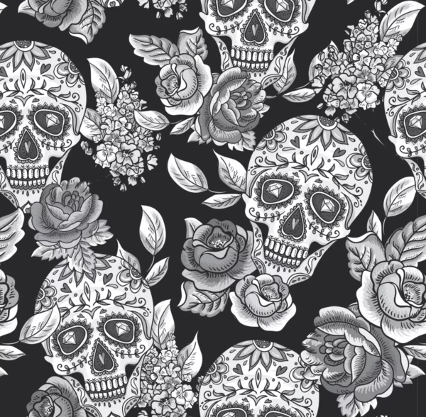 Papel De Parede Preto E Branco Caveira Mexicana Floral 10mts