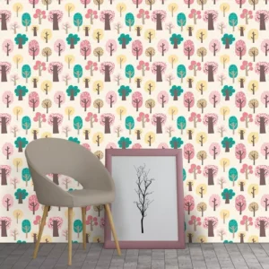 Papel De Parede Quarto Bebe Floresta Vintage Fundo Bege