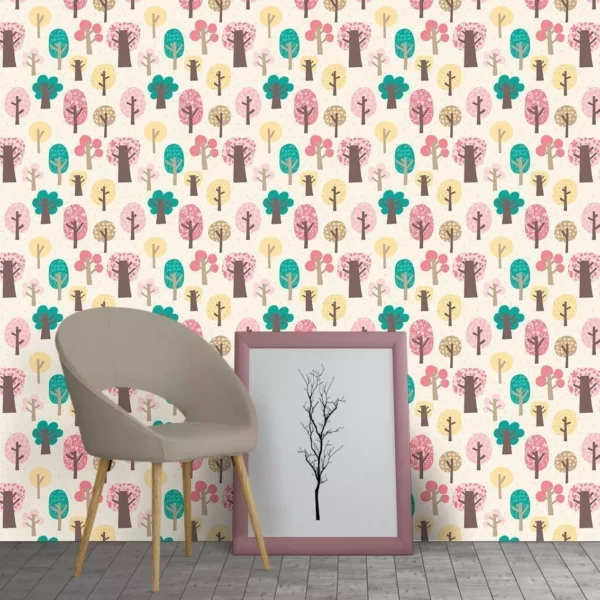 Papel De Parede Quarto Bebe Floresta Vintage Fundo Bege