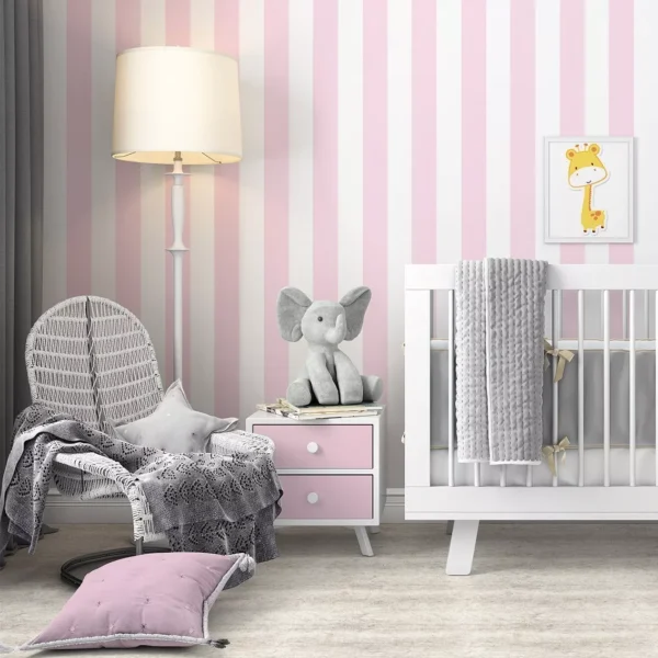 Papel De Parede Quarto Bebe Menina Listra Rosa Branco Adesiv