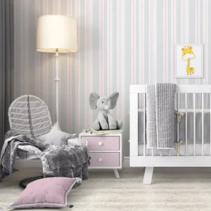 Papel De Parede Quarto Bebe Menina Listra Rosa E Cinza 2 Mts