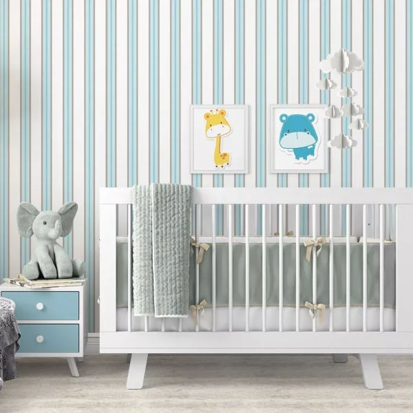 Papel De Parede Quarto Bebe Menino Listras Azul Marrom Branc