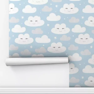 Papel De Parede Quarto Infantil Menino Nuvem Nuvens Azul 5m