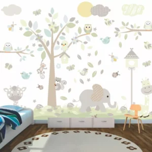 Papel De Parede Quarto Infantil Menino Nuvens Animais Gg624