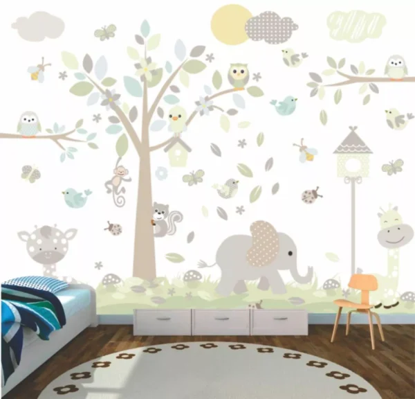 Papel De Parede Quarto Infantil Menino Nuvens Animais Gg624