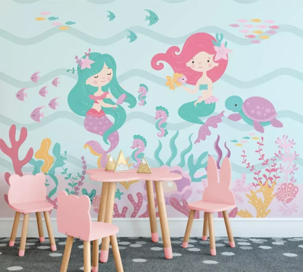 Papel De Parede Quarto Infantil Oceano Sereia Peixe 5m Vr641