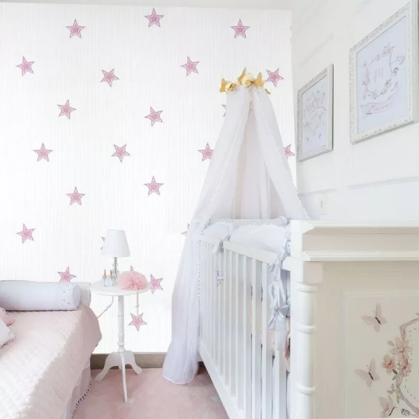 Papel De Parede Quarto Menina Estrelas Rosa Rolo 10m X 53cm