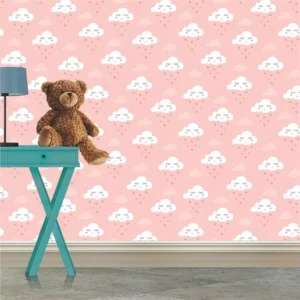 Papel De Parede Quarto Menina Nuvem Chuva Coração Rosa 10mts