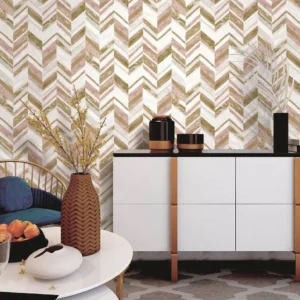 Papel De Parede Quarto Sala Rosa E Dourado Chevron Importado