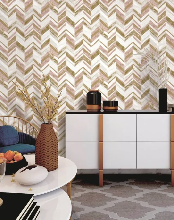 Papel De Parede Quarto Sala Rosa E Dourado Chevron Importado