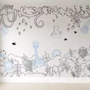 Papel De Parede Safári Animais Azul Quarto De Bebê Pp83 M²