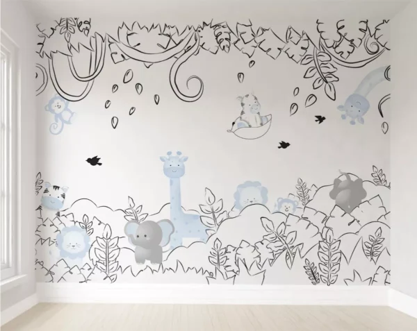 Papel De Parede Safári Animais Azul Quarto De Bebê Pp83 M²