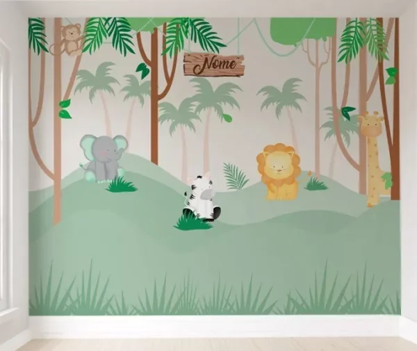 Papel De Parede Safári Animais Floresta Quarto Bebê Pp537 M²