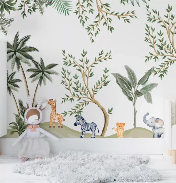 Papel De Parede Safari Animais Floresta Quarto De Bebê Pp591