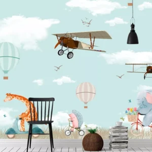 Papel De Parede Safari Avião Infantil Autocolante 2,5x3mt