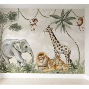 Papel De Parede Safári Floresta Animais Quarto De Bebê 1m²