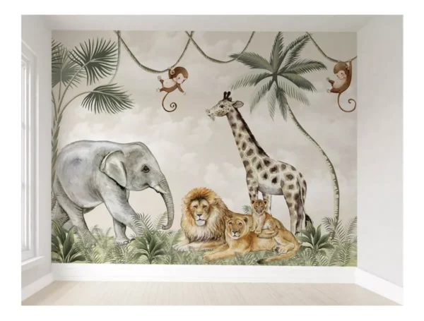 Papel De Parede Safári Floresta Animais Quarto De Bebê 1m²