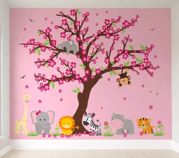 Papel De Parede Safári Floresta Rosa Bebê Menina Pp381 M²