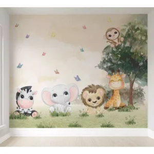 Papel De Parede Safári Infantil Animal Floresta Quarto Bebê