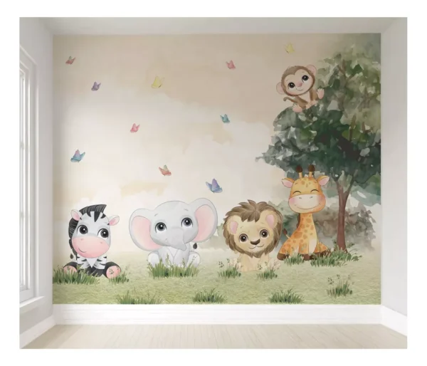 Papel De Parede Safári Infantil Animal Floresta Quarto Bebê