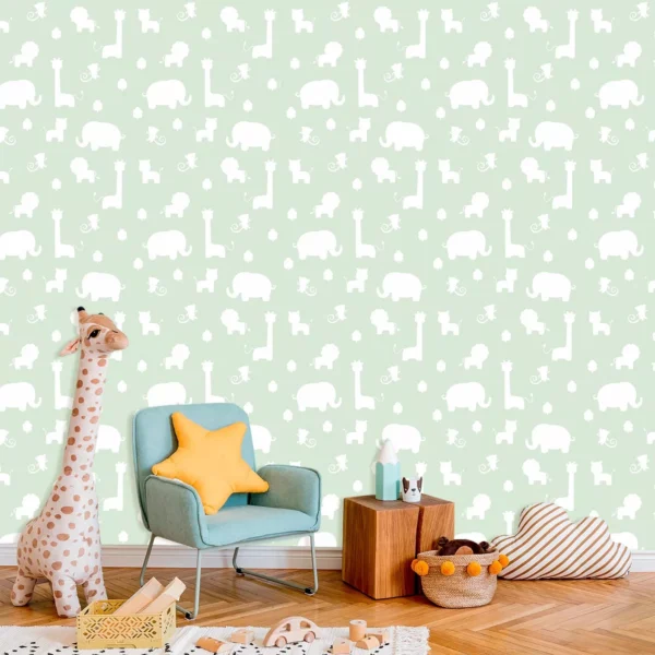 Papel De Parede Safari Infantil Branco E Verde 250