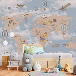 Papel De Parede Safári Infantil Mapa Mundi Quarto De Bebê M²