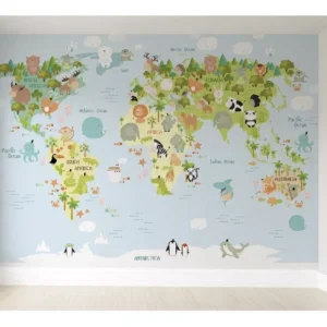 Papel De Parede Safári Mapa Mundi Infantil Adesivo Pp49 M²