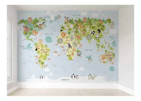 Papel De Parede Safári Mapa Mundi Infantil Adesivo Pp49 M²