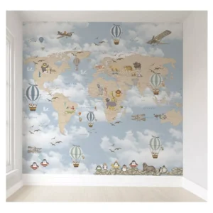 Papel De Parede Safári Mapa Mundi Infantil Quarto De Bebê M²