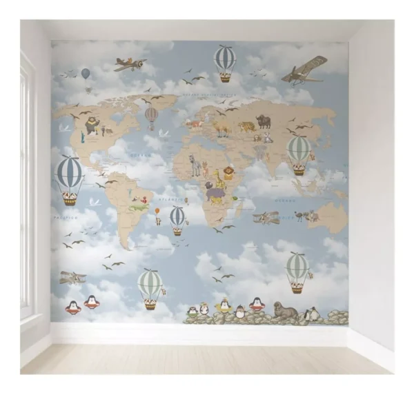 Papel De Parede Safári Mapa Mundi Infantil Quarto De Bebê M²