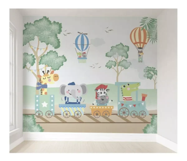 Papel De Parede Safári Trenzinho Infantil Quarto De Bebê M²