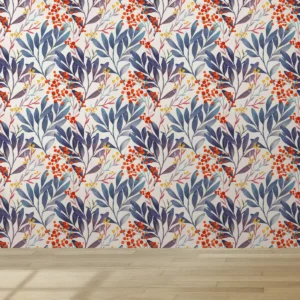 Papel De Parede Sala Folhagem Azul Com Flor Amarela 12m