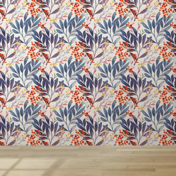 Papel De Parede Sala Folhagem Azul Com Flor Amarela 12m