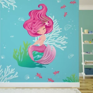 Papel De Parede Sereia Rosa Fundo Do Mar Quarto Infantil 6m²