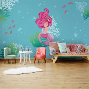 Papel De Parede Sereia Rosa Fundo Do Mar Quarto Infantil 9m²