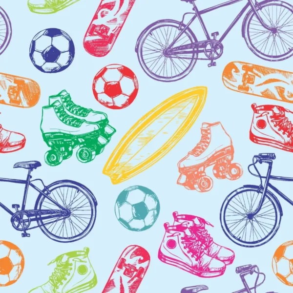 Papel De Parede Teen Patins Bicicleta Futebol Colorido Azul