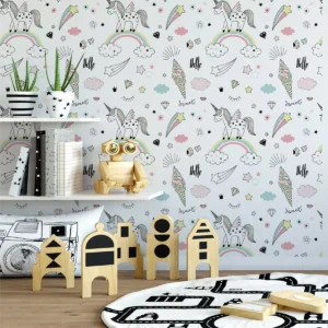 Papel De Parede Teens Unicórnios E Arco-íris - 1,50x0,50m