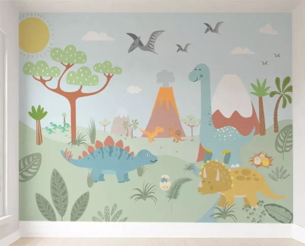 Papel De Parede Tema Dinossauro Floresta Infantil Bebê Pp607