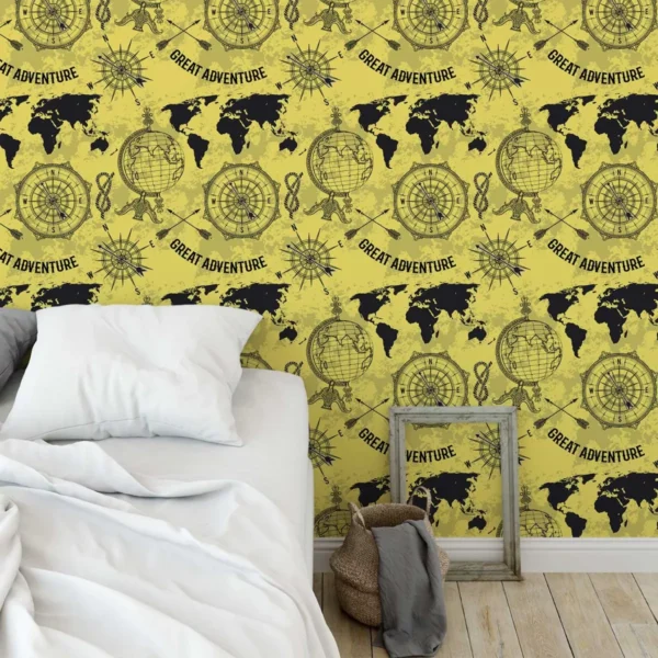 Papel De Parede Temático Mapa-múndi Com Amarelo - 1,50x0,50m