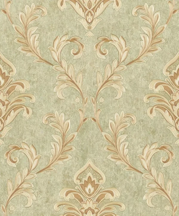 Papel De Parede Texturizado Vinílico Arabesco Verde, Dourado